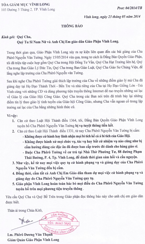 Thư tòa giám mục Vĩnh Long ban vạ tuyệt thông tiền kết cho Cha Tường